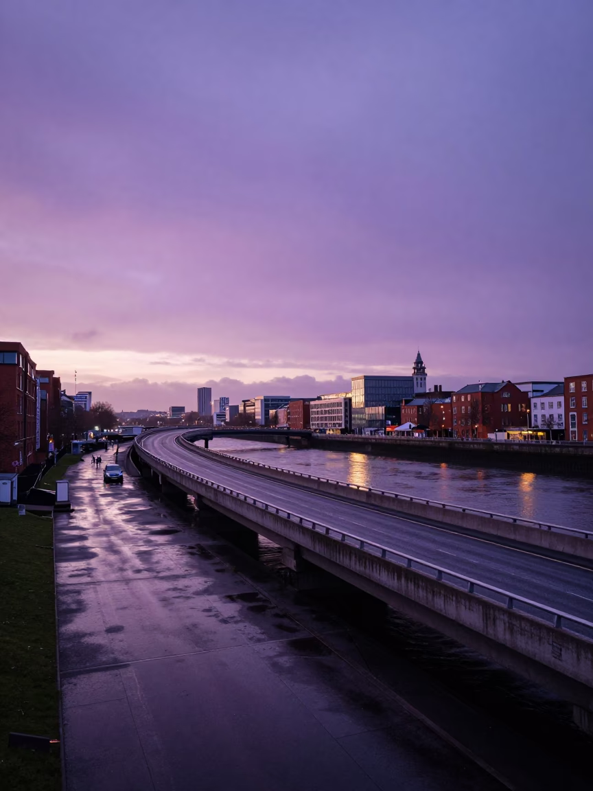 Dublin Ireland Nautical Dawn Overpass Ramp Violet Sky Cityscape in in Dublin, Ireland