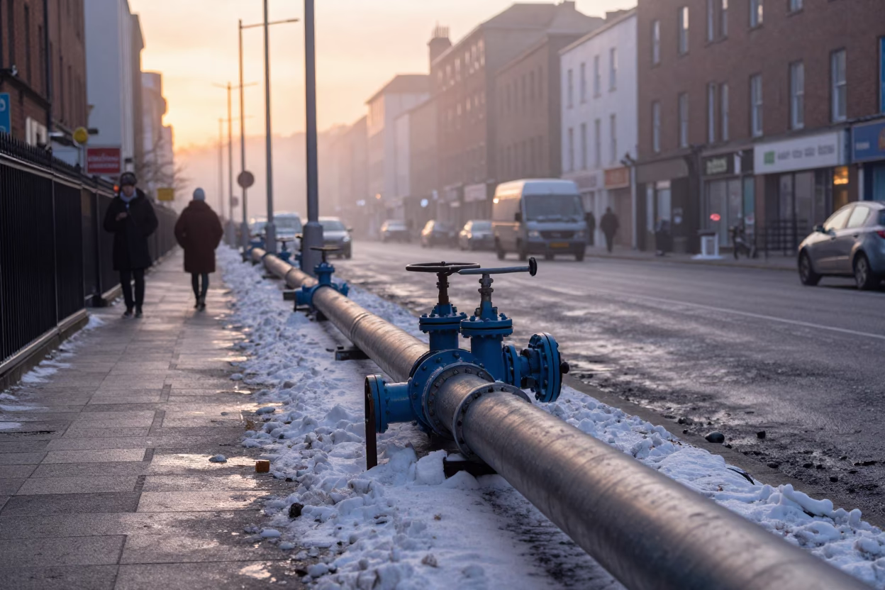 Dublin Ireland Nautical Dawn Street Scene with District Heating Pipes and Snow in in Dublin, Ireland