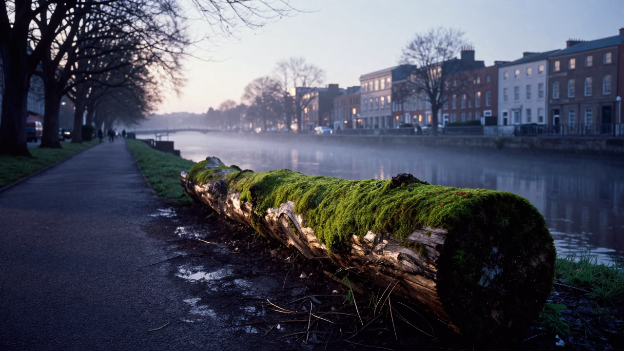 Dublin Ireland Nautical Dawn Street Scene with Mossy Log and Bracket Fungus in in Dublin, Ireland