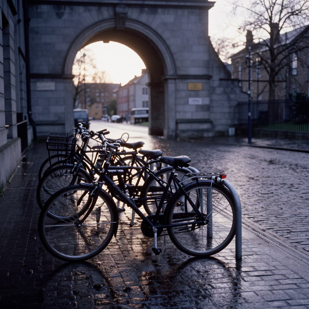 Dublin Ireland Nautical Dawn Wet Campus Bicycle Rack Under University Archway in in Dublin, Ireland