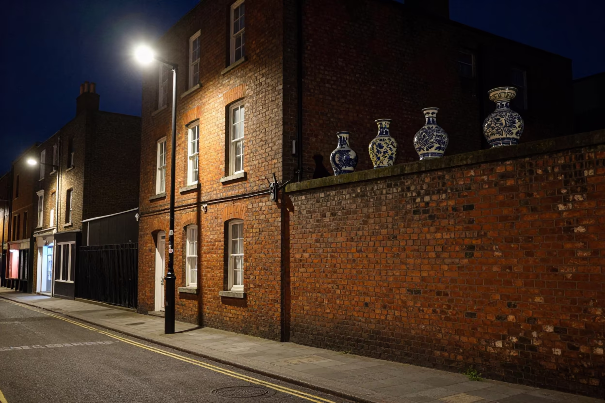 Dublin Ireland Night Street Scene with Brick Walls and Ceramic Cup in in Dublin, Ireland