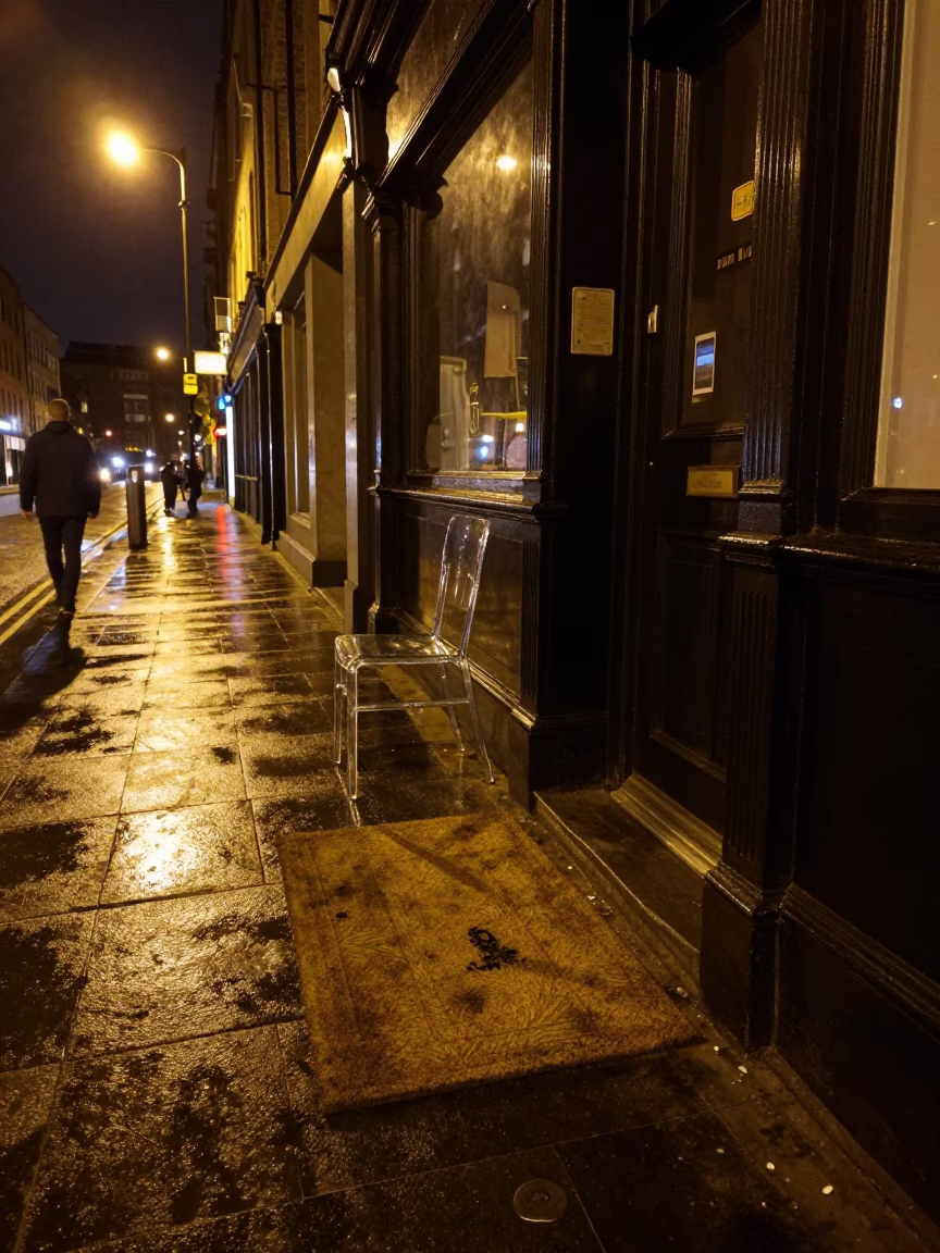 Dublin Ireland Night Street Scene with Doormat and Glass Chair Rung in in Dublin, Ireland
