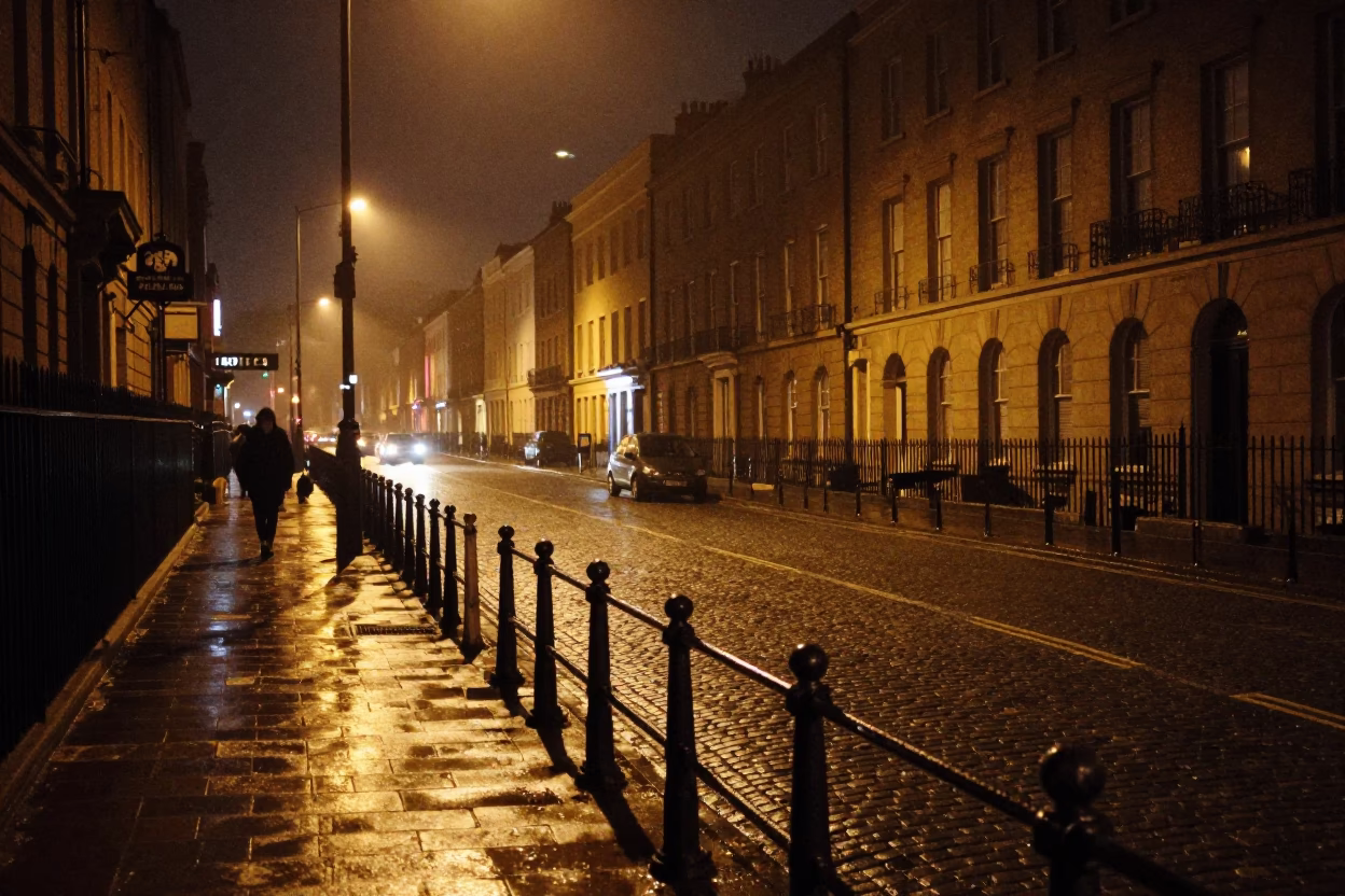 Dublin Ireland Night Street Scene with Peg Rails and Urban Decay in in Dublin, Ireland