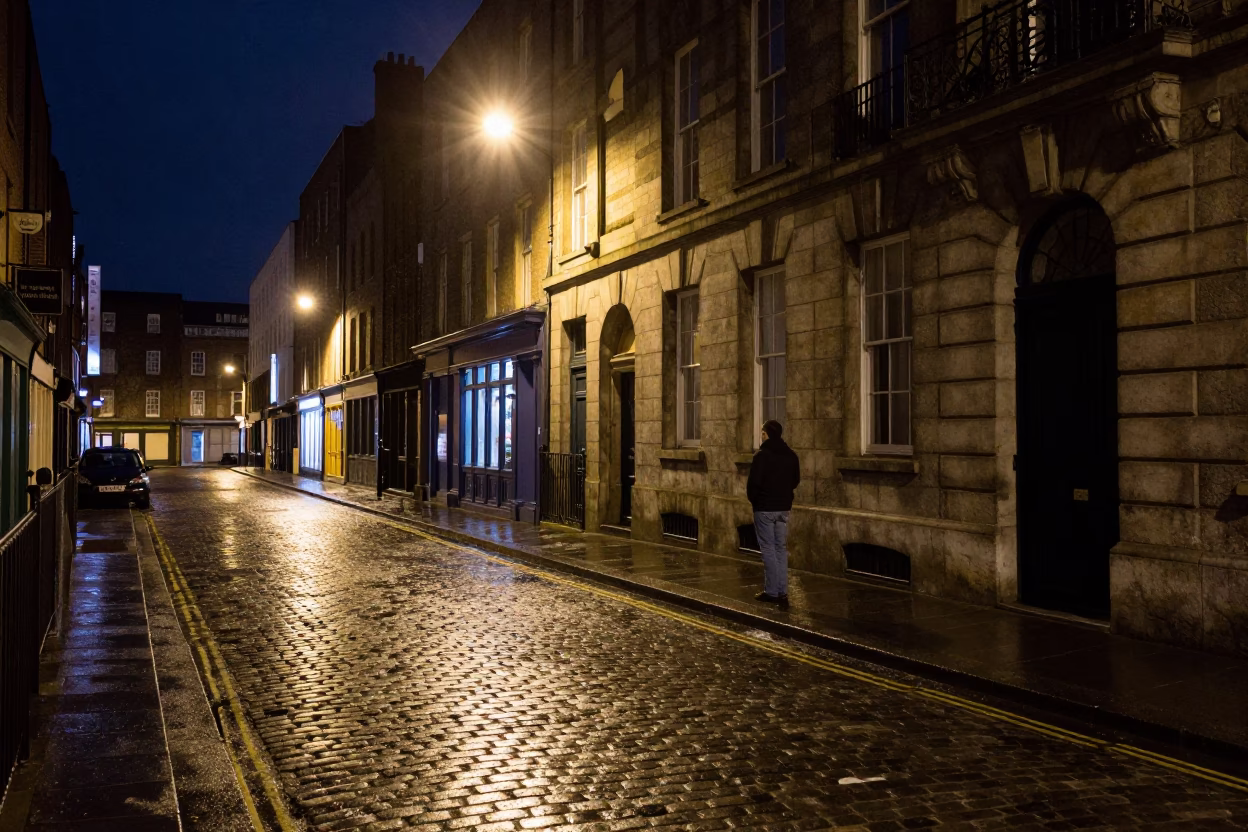 Dublin Ireland Night Street Scene with Red Wine and Urban Life in in Dublin, Ireland