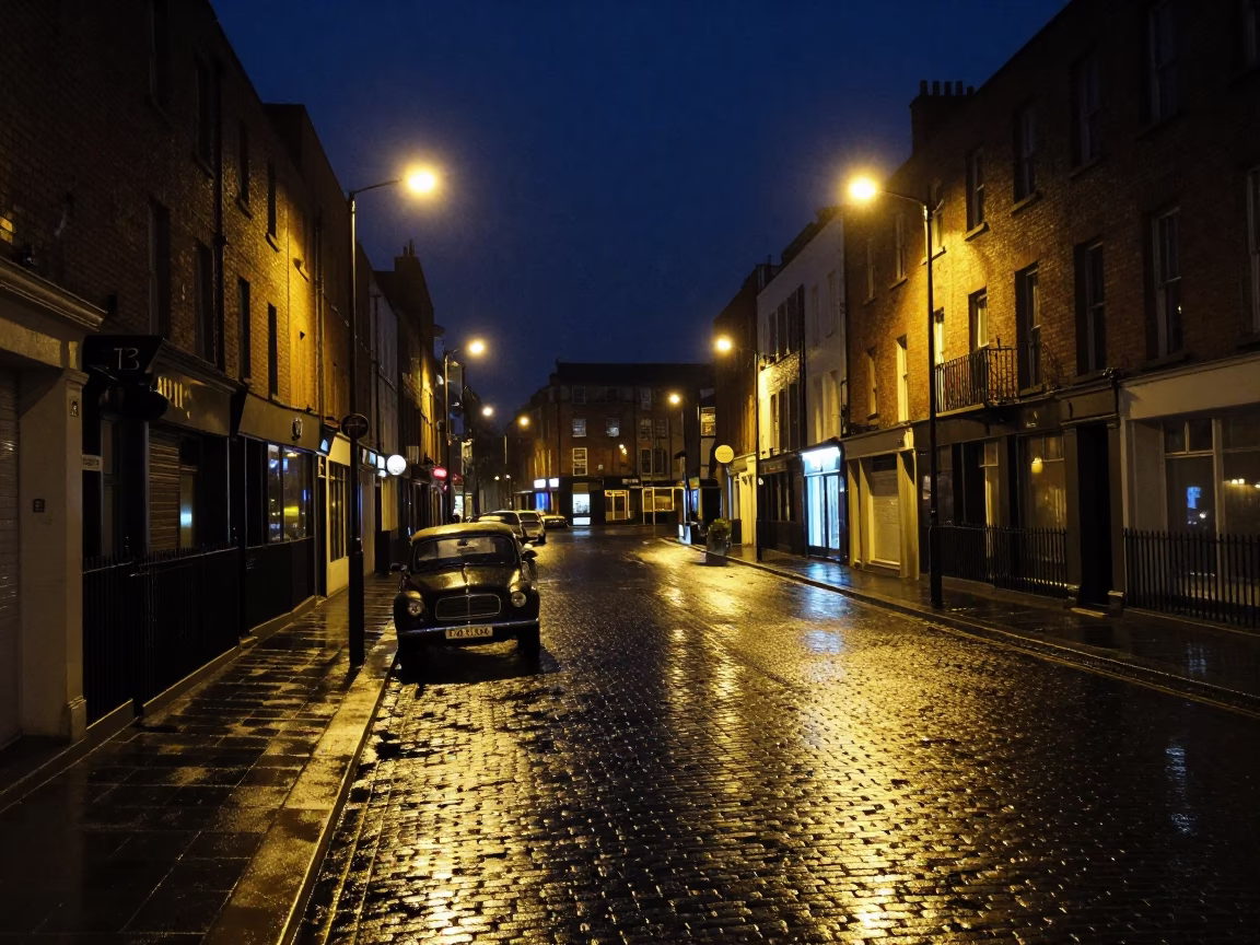 Dublin Ireland Night Street Scene with Vintage Car and Urban Atmosphere in in Dublin, Ireland