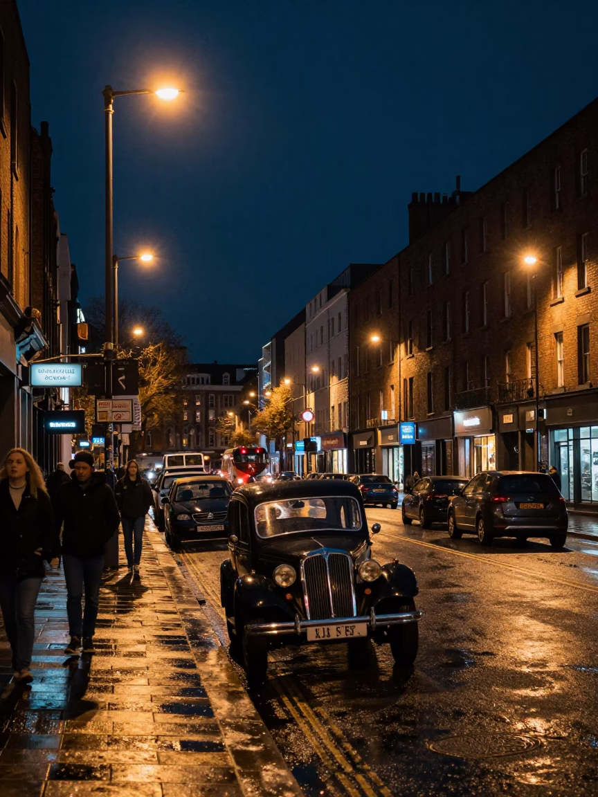 Dublin Ireland Night Street Scene with Vintage Car and Urban Reflections in in Dublin, Ireland