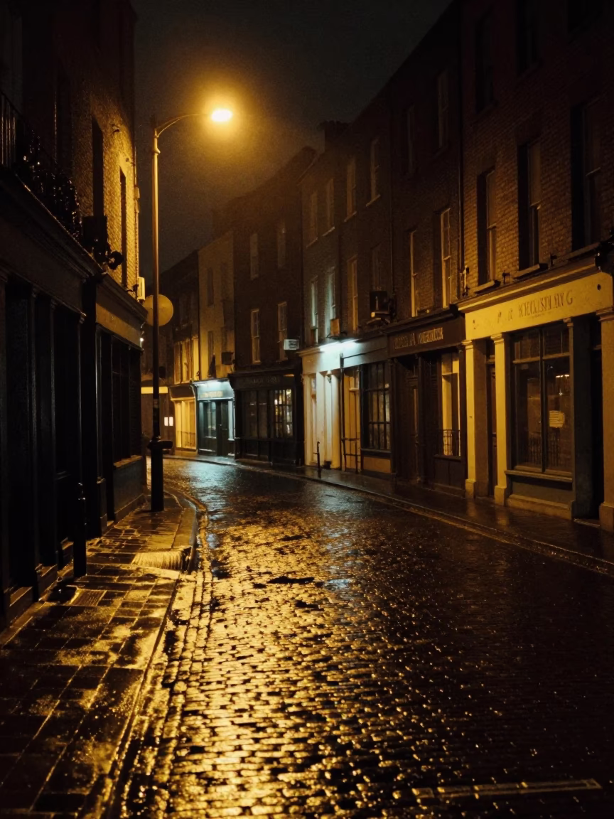 Dublin Ireland Night Street Scene With Wet Pavement And Vintage 1980s Architecture in in Dublin, Ireland