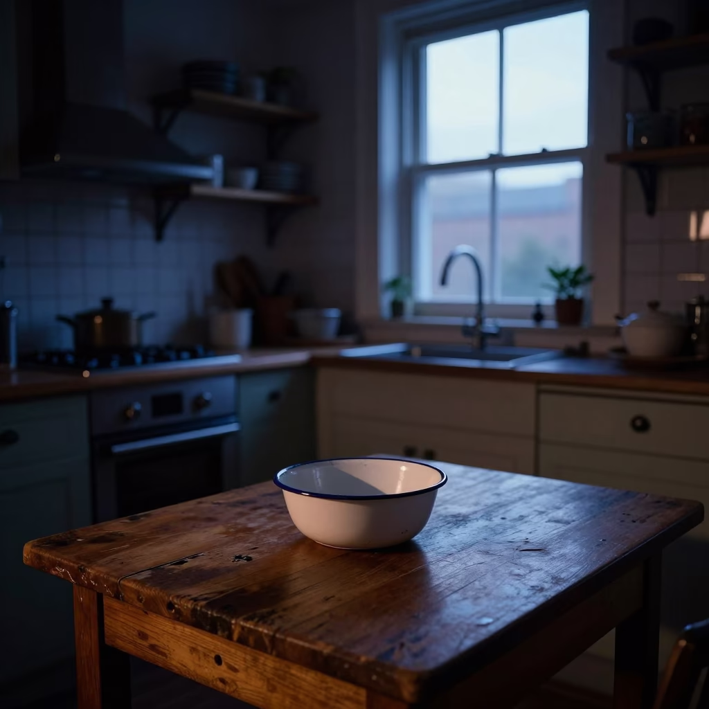 Dublin Ireland Pre-Dawn Kitchen Interior with Enamel Bowls and Tea Stains in in Dublin, Ireland