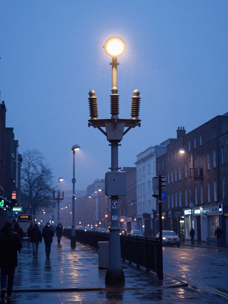Dublin Ireland Pre-Dawn Street Scene with Bridge Pier and Substation Insulators in in Dublin, Ireland