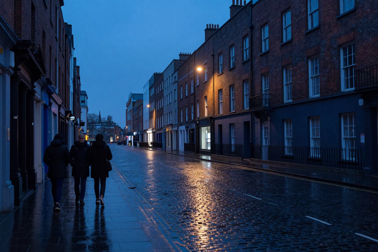 Dublin Ireland Pre-Dawn Street Scene With Coats and Urban Details in in Dublin, Ireland