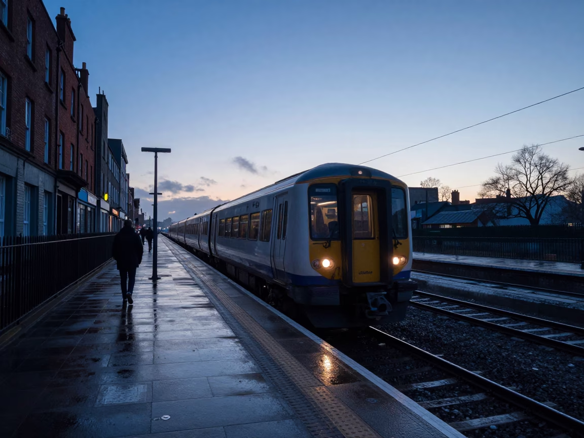 Dublin Ireland Pre-Dawn Street Scene with Commuter Train and Wet Pavement Reflections in in Dublin, Ireland