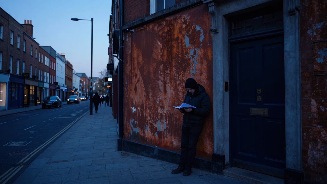 Dublin Ireland Pre-Dawn Street Scene with Rusty Plaster and Notebook in in Dublin, Ireland