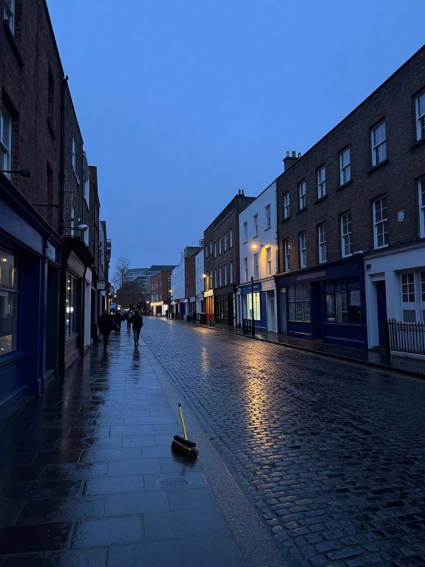 Dublin Ireland Pre-Dawn Street Scene With Scrub Brush And Traditional Architecture in in Dublin, Ireland