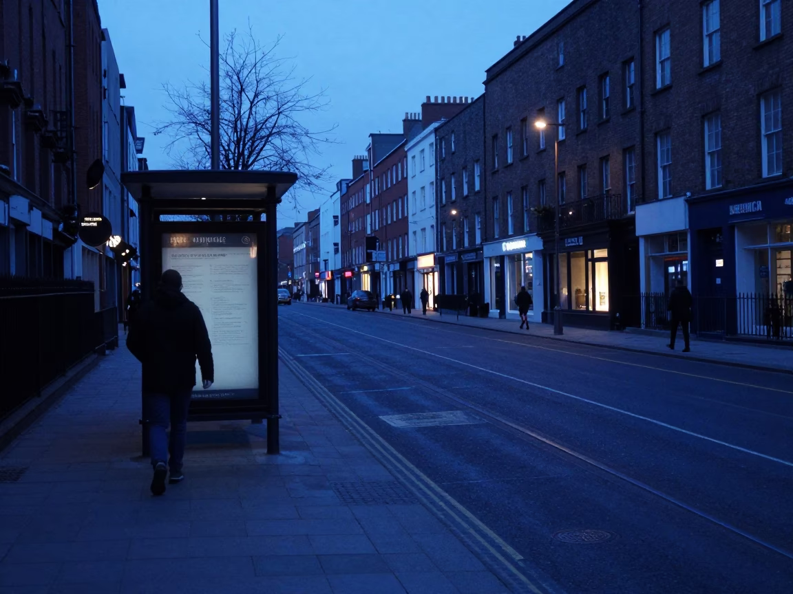 Dublin Ireland Pre-Dawn Street Scene with Smudged Rail and Vintage Architecture in in Dublin, Ireland