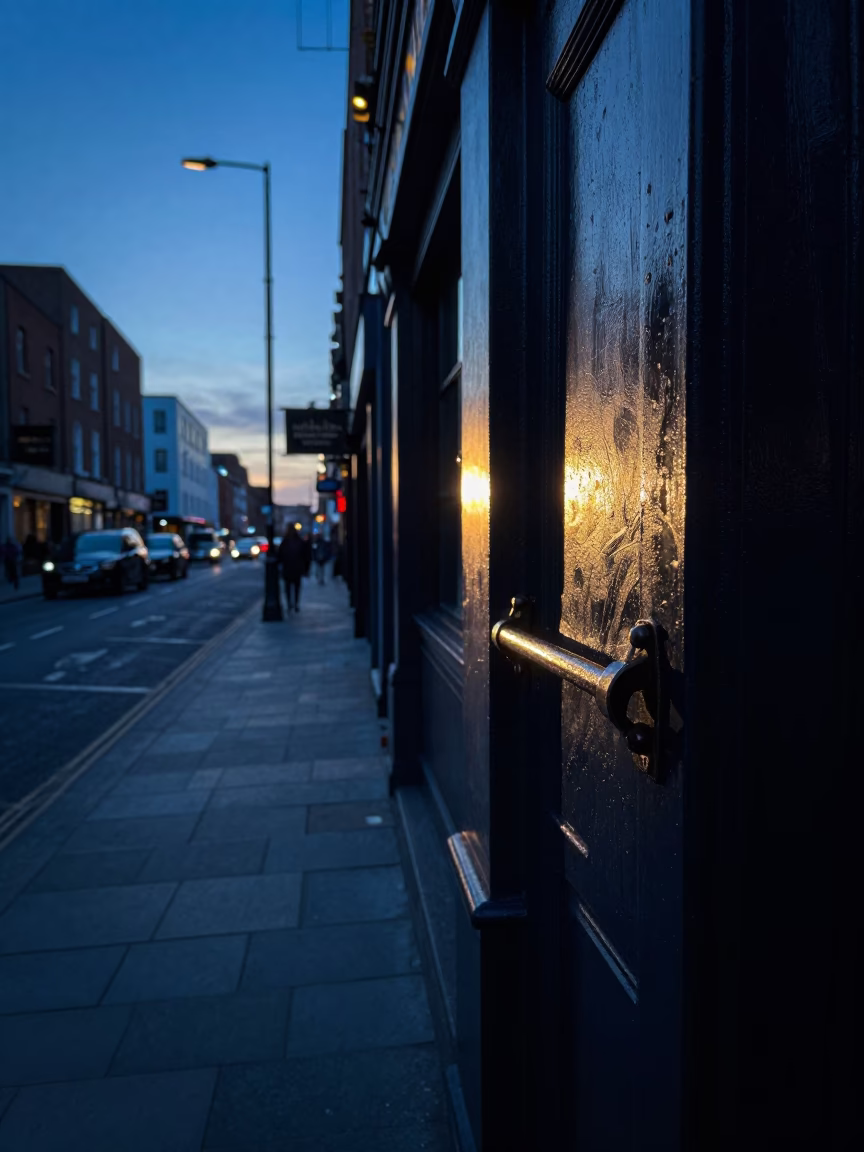 Dublin Ireland Pre-Dawn Street Scene with Sunlight on Latch and Fingerprint Markings in in Dublin, Ireland