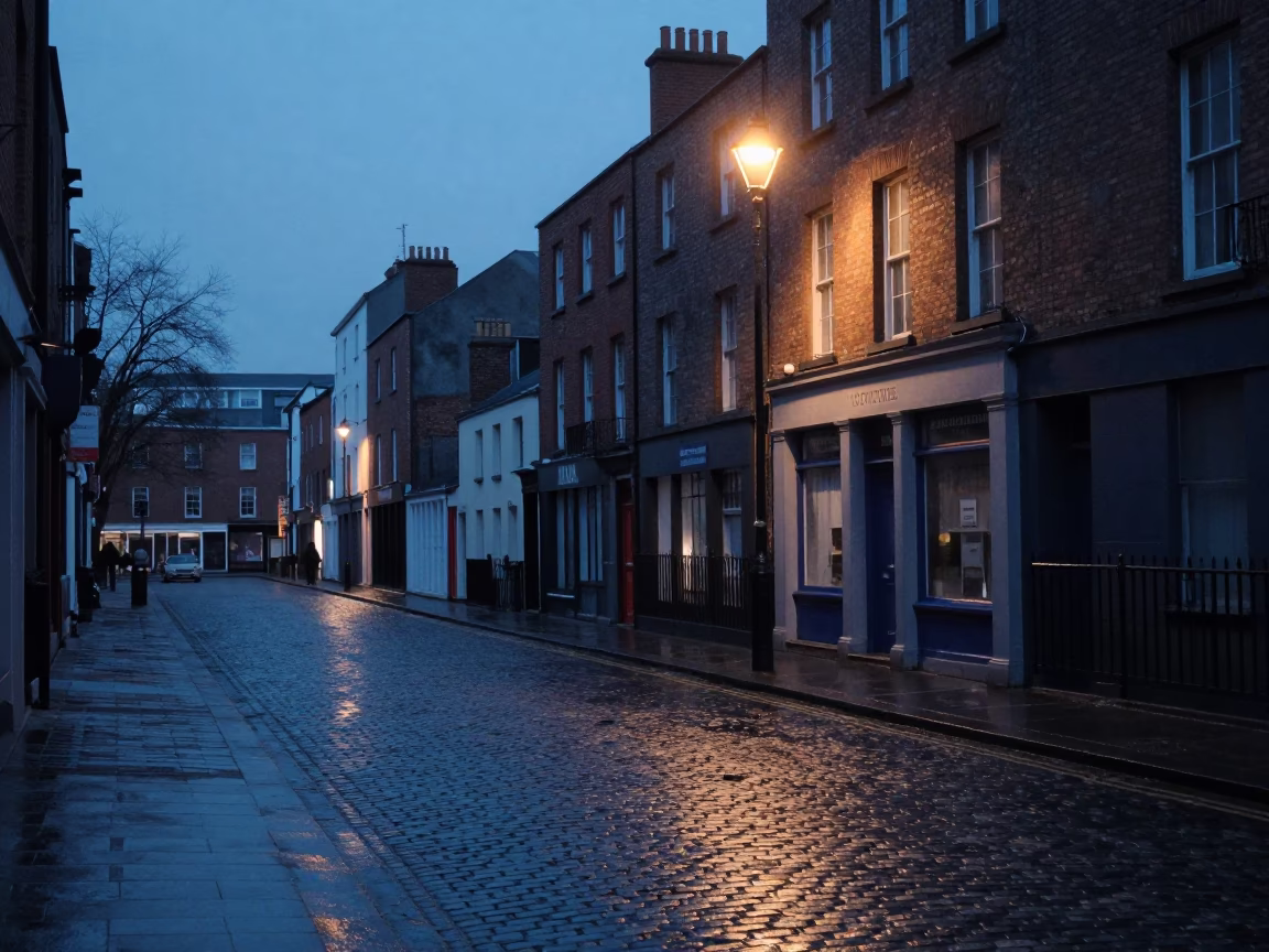 Dublin Ireland Pre-Dawn Street Scene with Vintage 1970s Aesthetic and Urban Details in in Dublin, Ireland