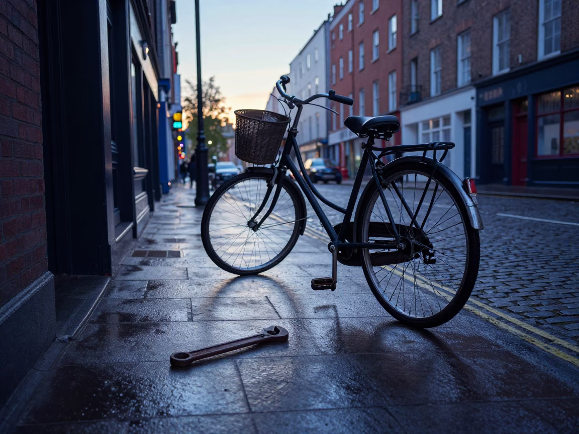 Dublin Ireland Pre-Dawn Street Scene With Vintage Bicycle And Cobblestone Alleyway in in Dublin, Ireland