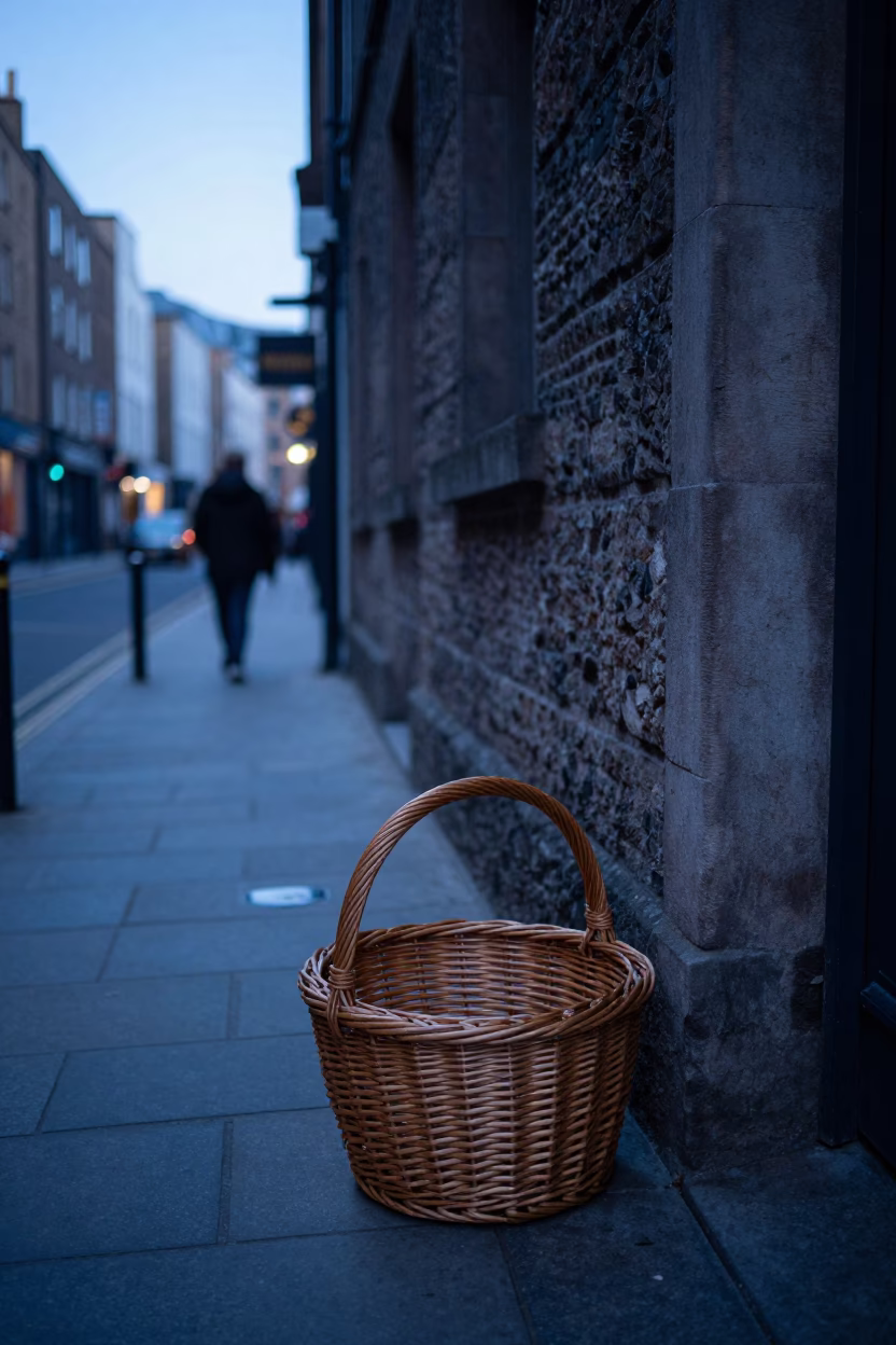 Dublin Ireland Pre-Dawn Street Scene with Wicker Basket and Ink Bottle on Cobblestone in in Dublin, Ireland