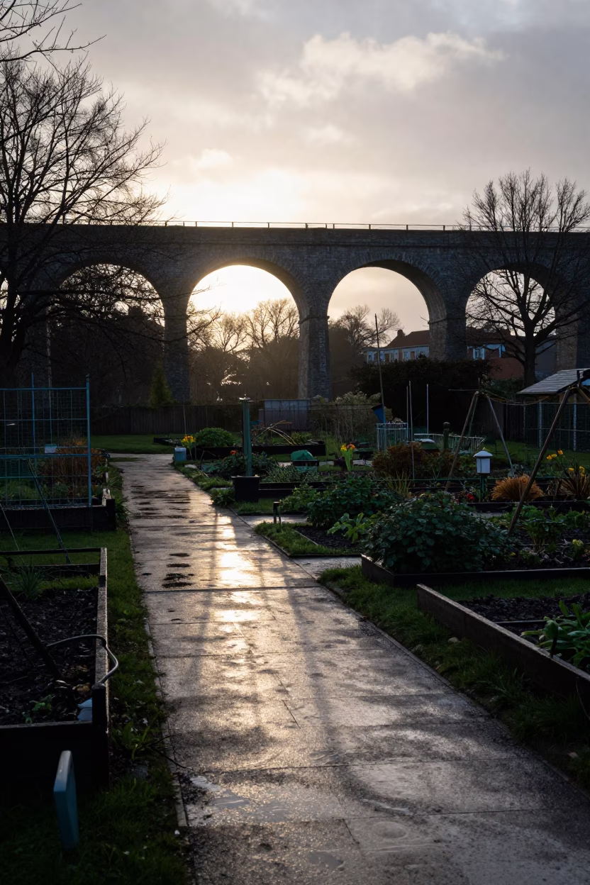 Dublin Ireland Pre-Dawn Viaduct Shadow Across Rain-Wet Allotment Gardens in in Dublin, Ireland