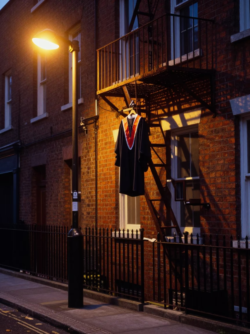 Dublin Ireland Predawn Street Scene with Graduation Gown and Substation Puddles in in Dublin, Ireland