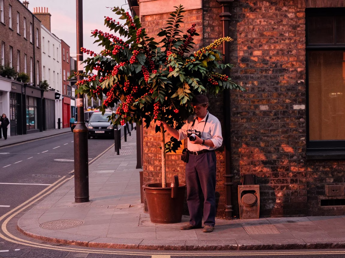 Dublin Ireland street corner before dusk with vintage camera and coffee cherry branch in in Dublin, Ireland