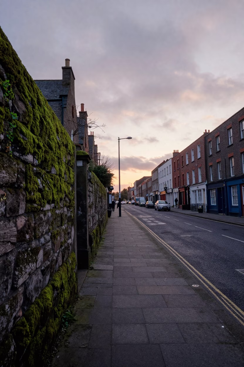 Dublin Ireland Street Scene at Nautical Dawn with Mossy Stone Wall and Shirt Hanger in in Dublin, Ireland