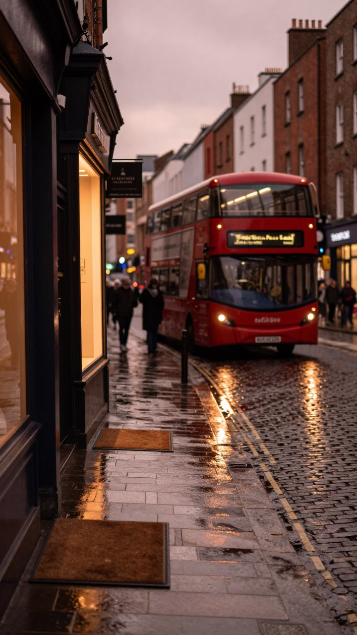Dublin Ireland Street Scene Before Dusk with Door Mats and Rain in in Dublin, Ireland