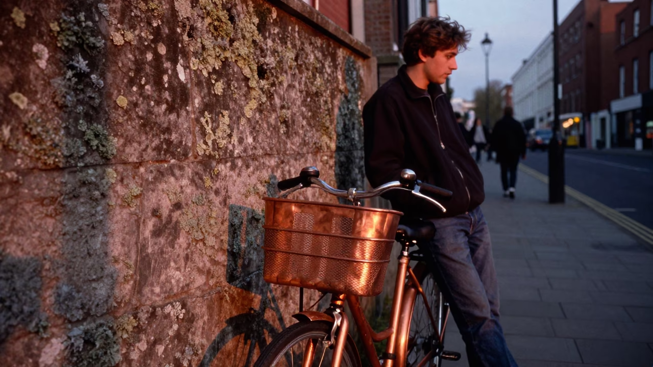 Dublin Ireland Street Scene Copper Light Bicycle Basket and Lichen Covered Stone Wall in in Dublin, Ireland
