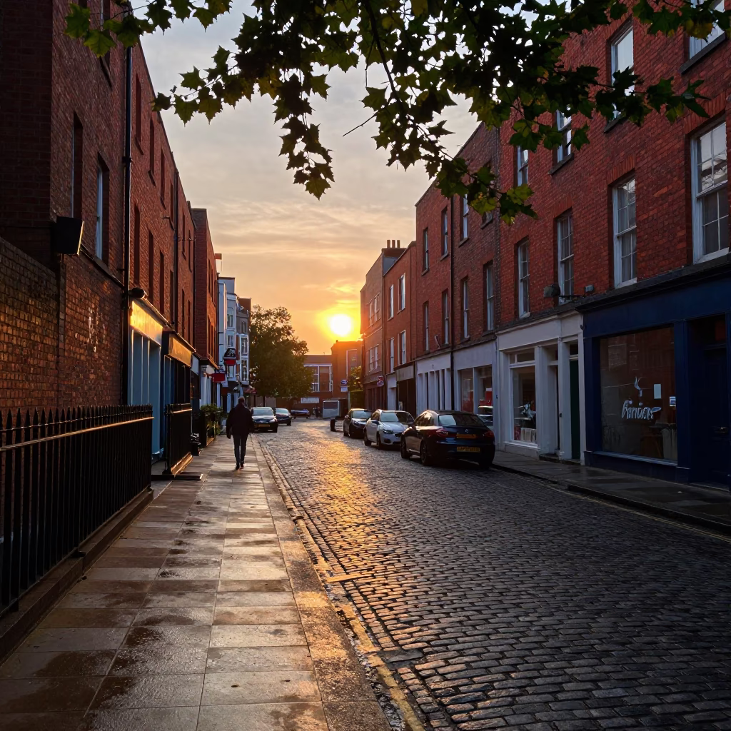 Dublin Ireland Street Scene with Red Brick and Leaf Shadows at Sunset in in Dublin, Ireland