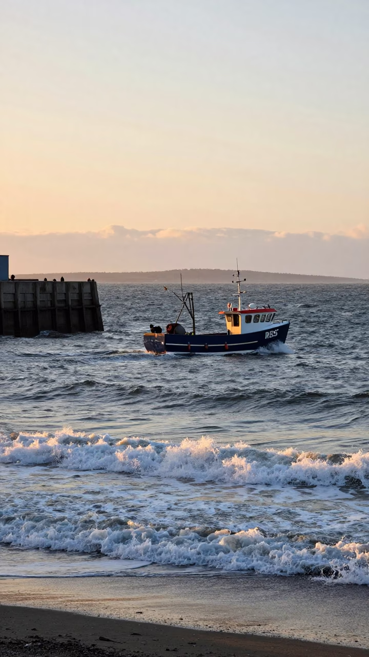 Dublin Ireland Sunrise Harbor View with Fishing Boat and Coastal Cliff Horizon in in Dublin, Ireland