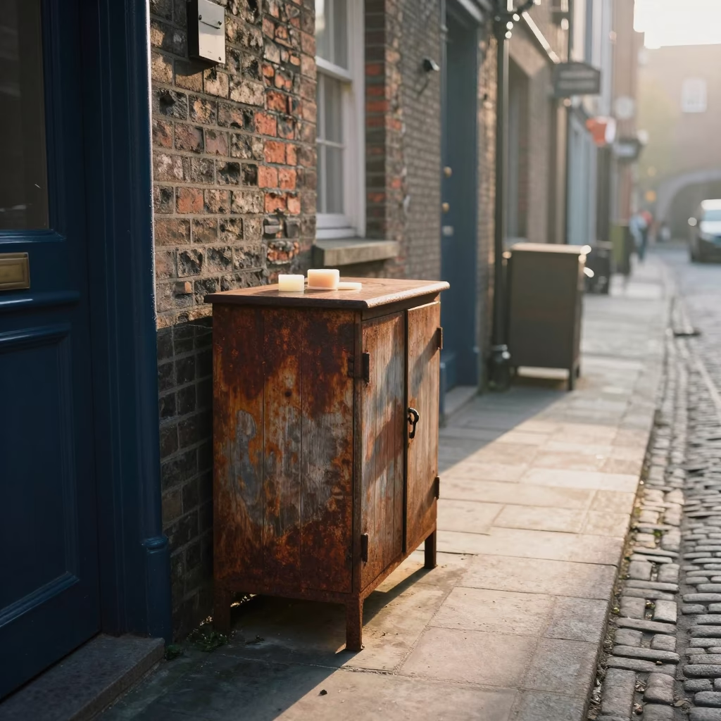 Dublin Ireland Sunrise Street Scene with Rusty Cabinet and Soap Residue in in Dublin, Ireland