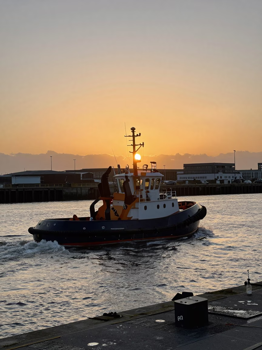 Dublin Ireland Sunset Harbor Scene with Tugboat and Construction Cement Mixer in in Dublin, Ireland