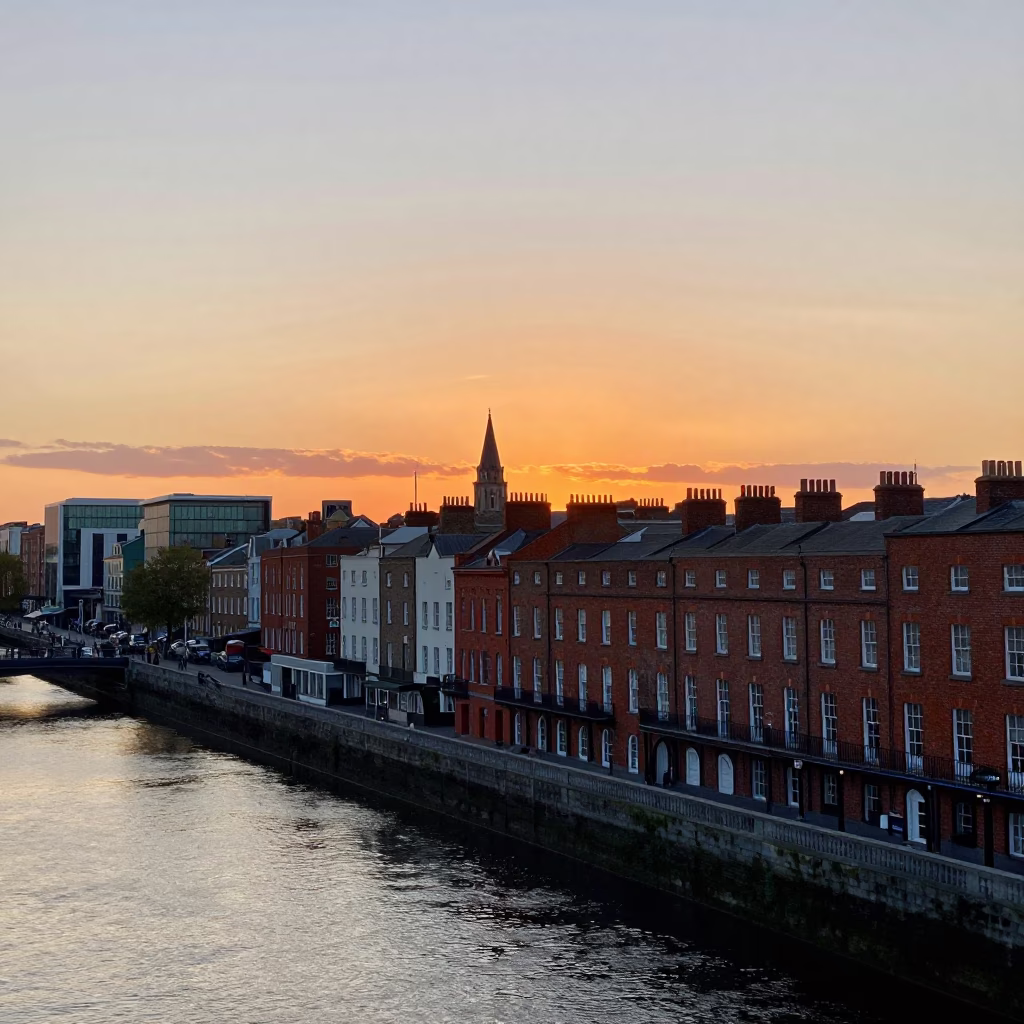 Dublin Ireland Sunset Horizon Shot with Traditional Georgian Architecture and City Skyline in in Dublin, Ireland