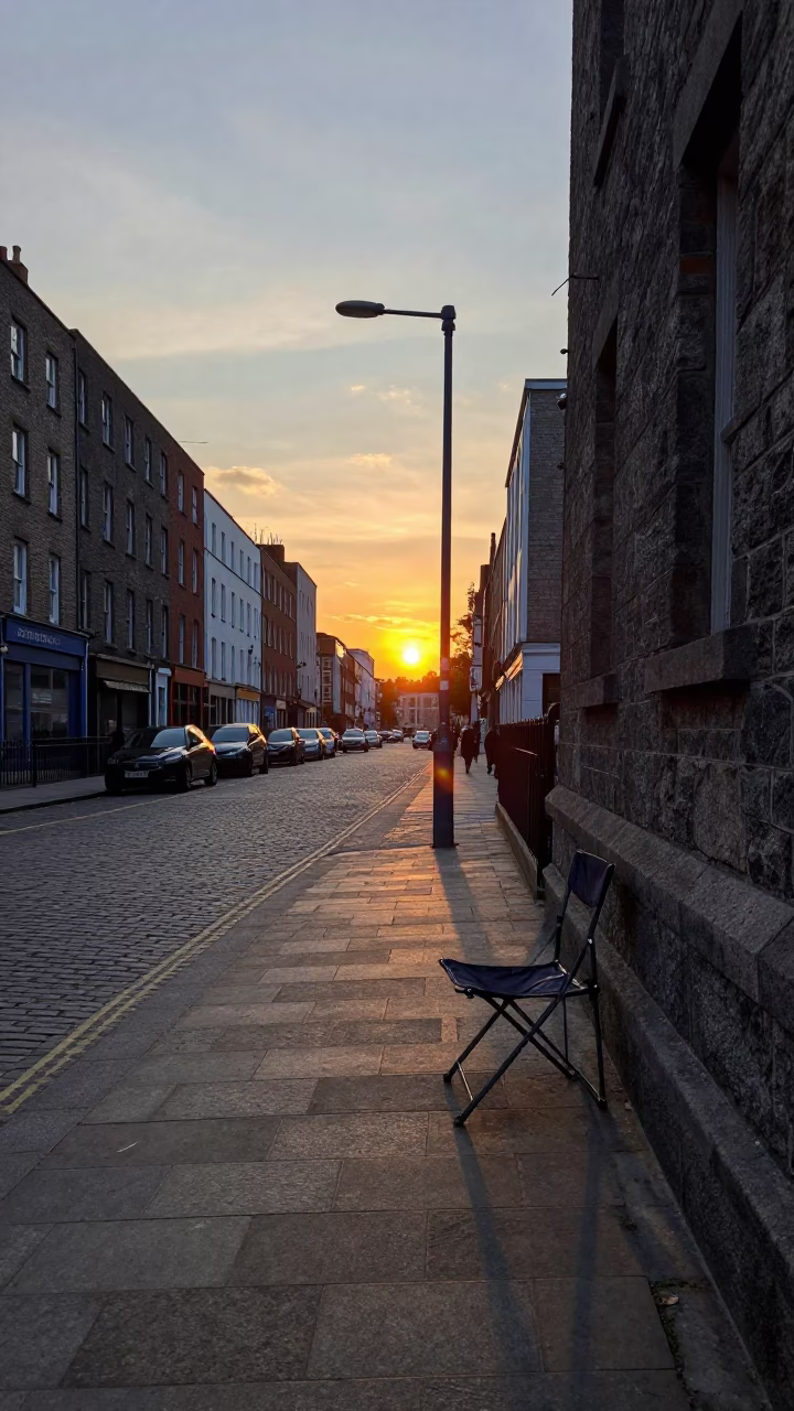 Dublin Ireland Sunset Street Scene with Folding Chair and Urban Details in in Dublin, Ireland