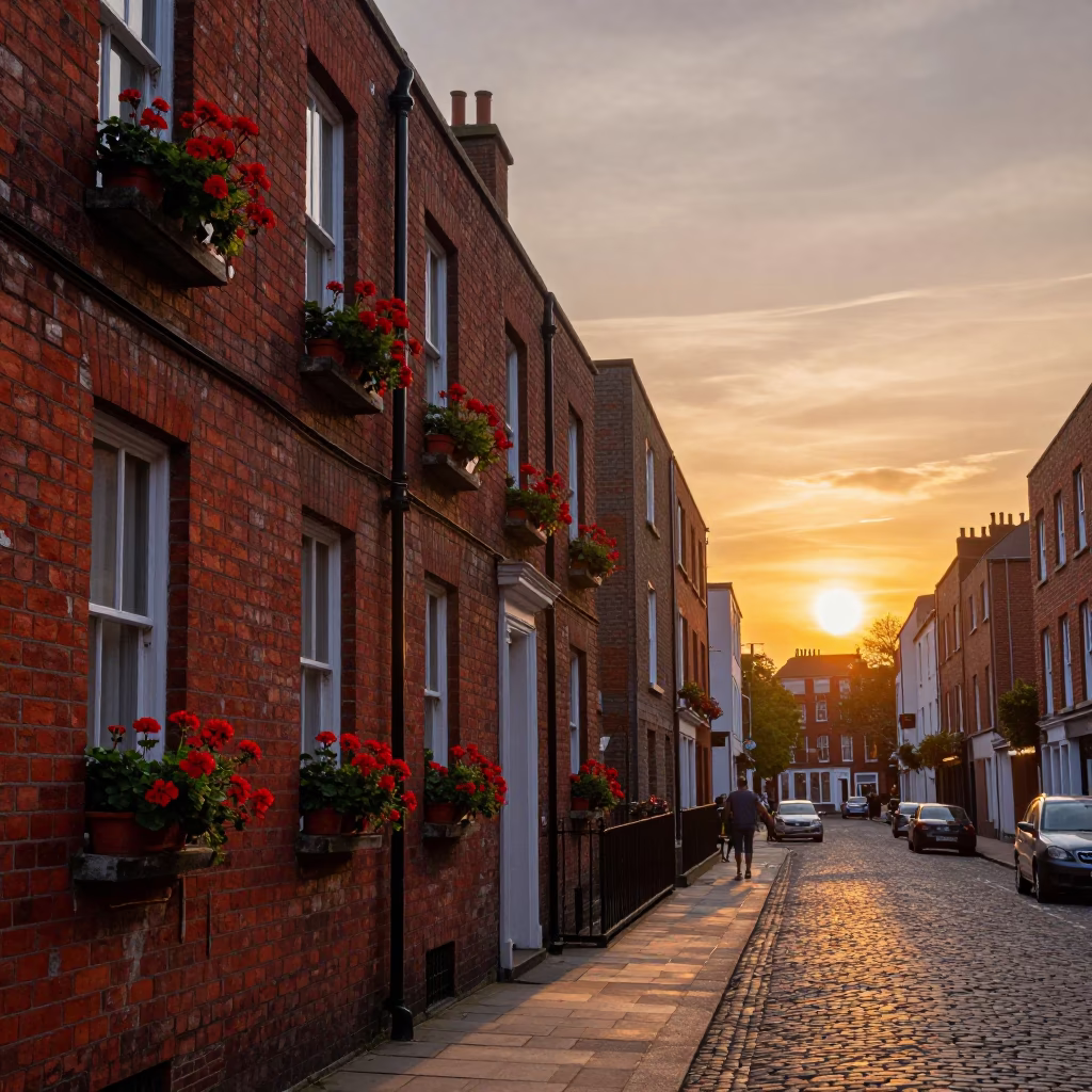 Dublin Ireland sunset street scene with red brick architecture and potted geraniums in in Dublin, Ireland