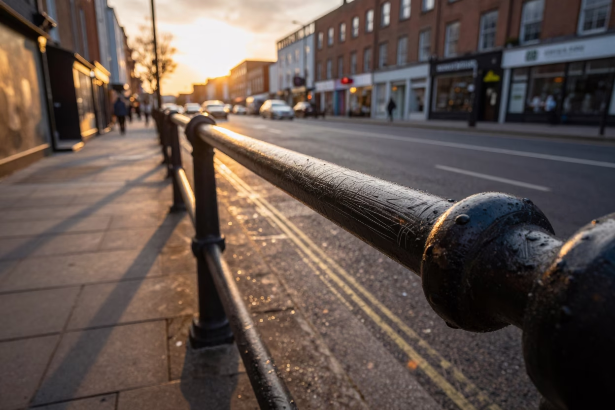 Dublin Ireland Sunset Street Scene with Scratched Rail and Turnbuckle Details in in Dublin, Ireland