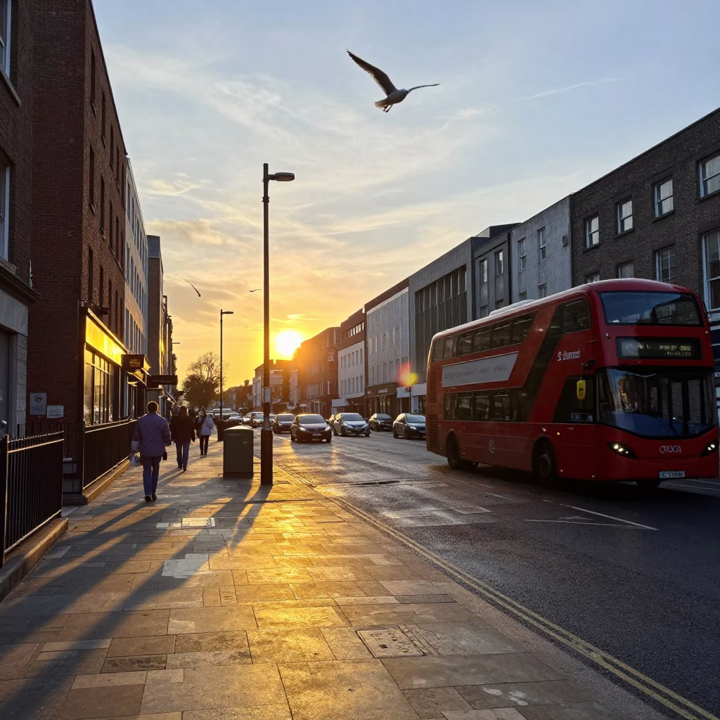 Dublin Ireland Sunset Street Scene with Seagulls and Traffic at Dusk in in Dublin, Ireland