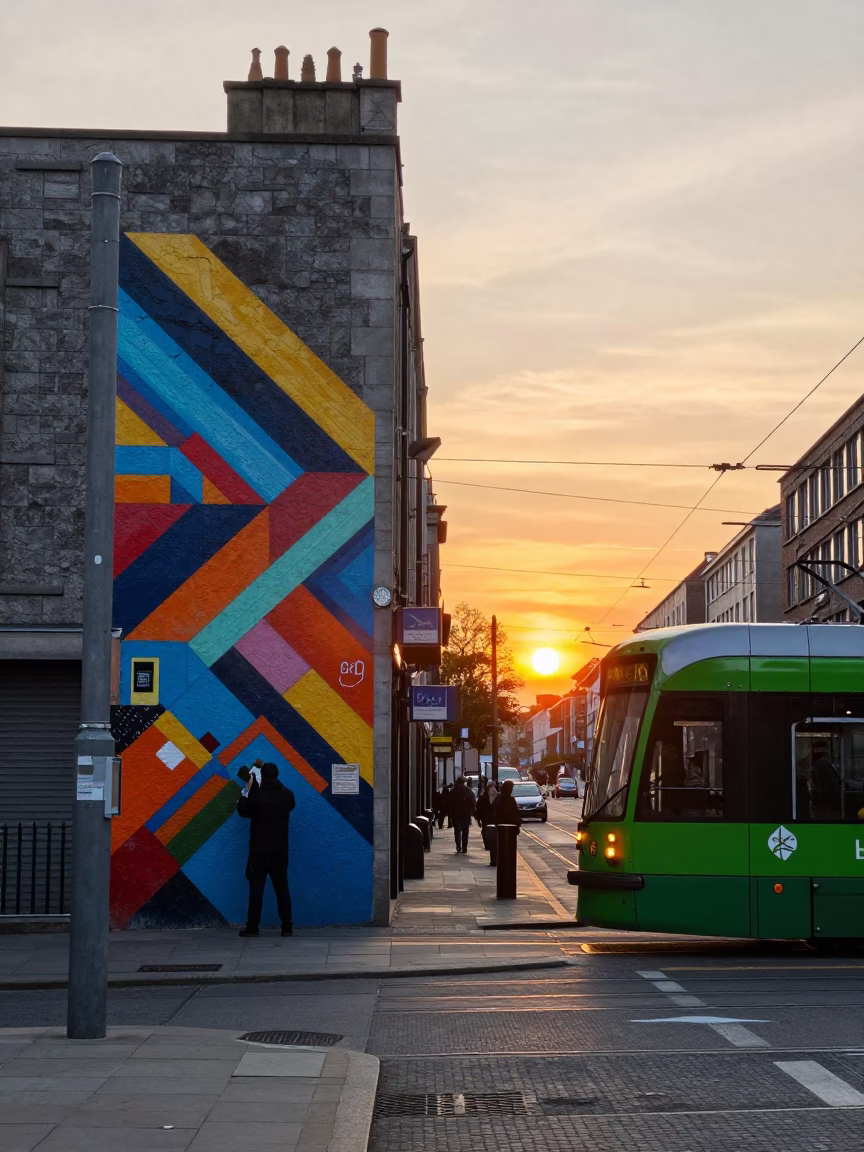 Dublin Ireland Sunset Street Scene with Trams and Mural Art in in Dublin, Ireland