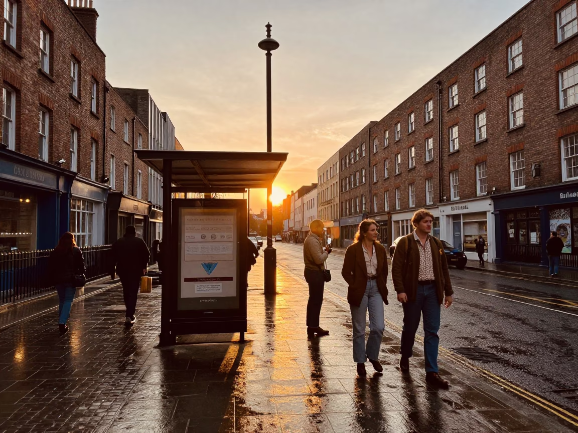 Dublin Ireland Sunset Street Scene with Vintage Cardigans and Rain on Cobblestones in in Dublin, Ireland