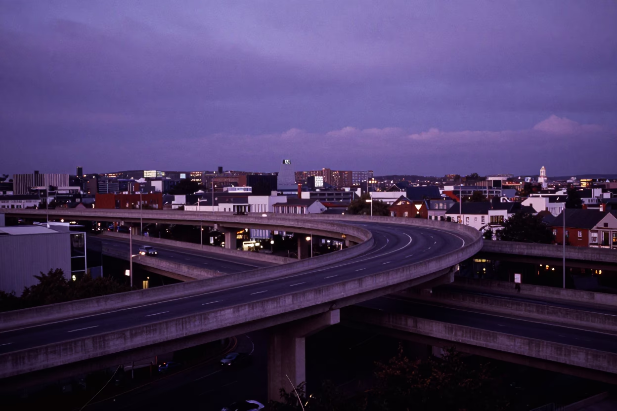 Dublin Ireland Twilight Overpass Interchange Ramp Slicing Across Violet Evening Sky in in Dublin, Ireland