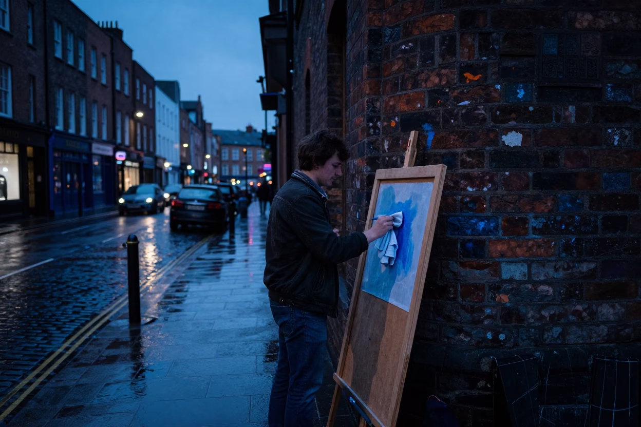 Dublin Ireland Twilight Street Scene with Paint Flecks and Urban Architecture in in Dublin, Ireland
