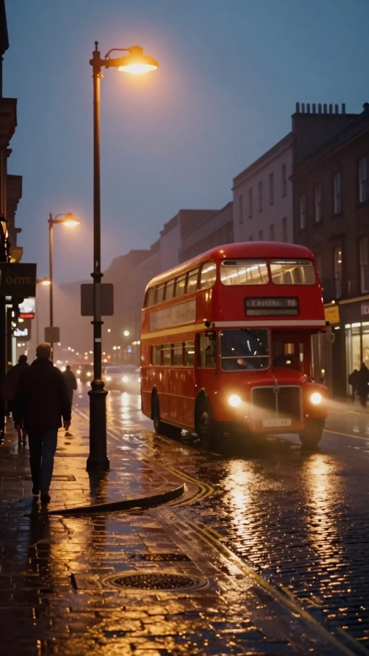 Dublin Ireland Twilight Street Scene with Vintage 1980s Aesthetic and Local Life in in Dublin, Ireland