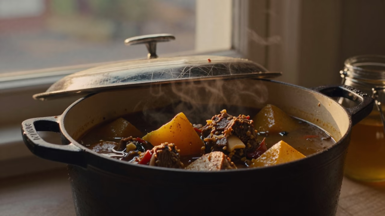 Dublin Irish Lamb Stew Pot in Honeyed Evening Light with Condensation and Scratches in in Dublin, Ireland