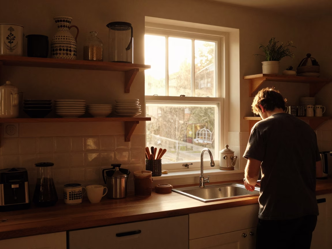 Dublin Kitchen Evening Scene with Wooden Shelves and Ceramic Bowls in in Dublin, Ireland