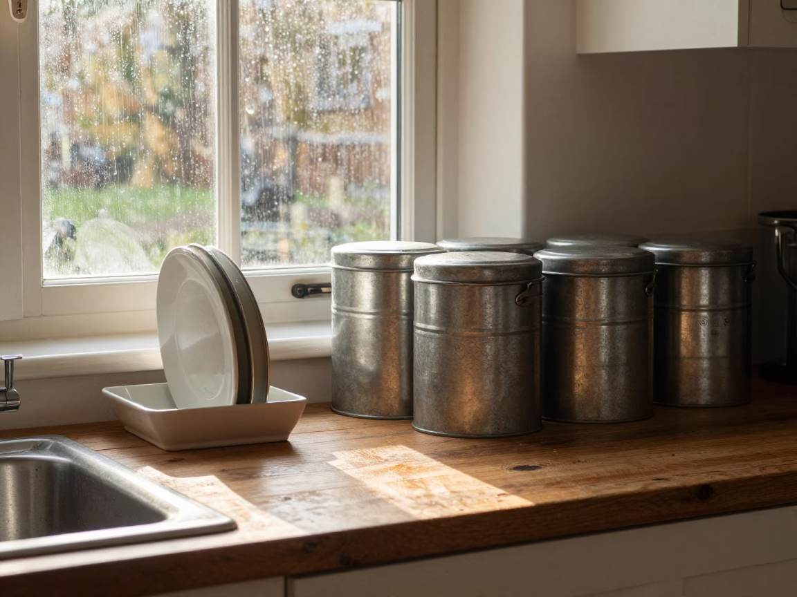 Dublin Kitchen Morning Light and Storage Tins on Wooden Counter in in Dublin, Ireland