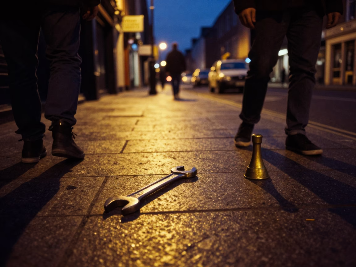 Dublin Late Night Street Scene with Wrench and Brass Hardware on Cobblestone in in Dublin, Ireland