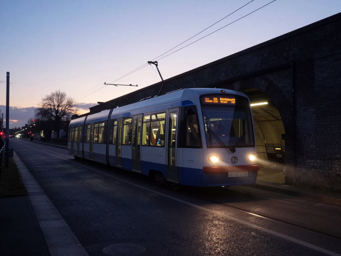 Dublin Metro Train Emerging from Tunnel at Nautical Dawn in Ireland in in Dublin, Ireland