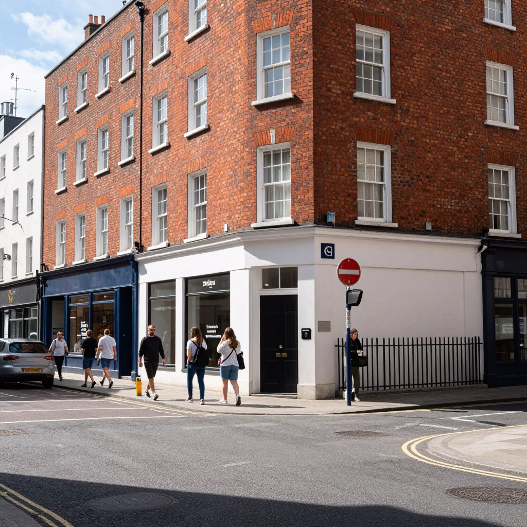 Dublin Midday Street Scene with Brick Facades and Pedestrians in in Dublin, Ireland