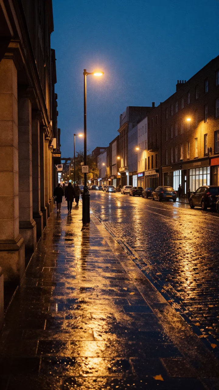 Dublin Midnight Street Scene with Wet Cobblestones and Urban Reflections in in Dublin, Ireland