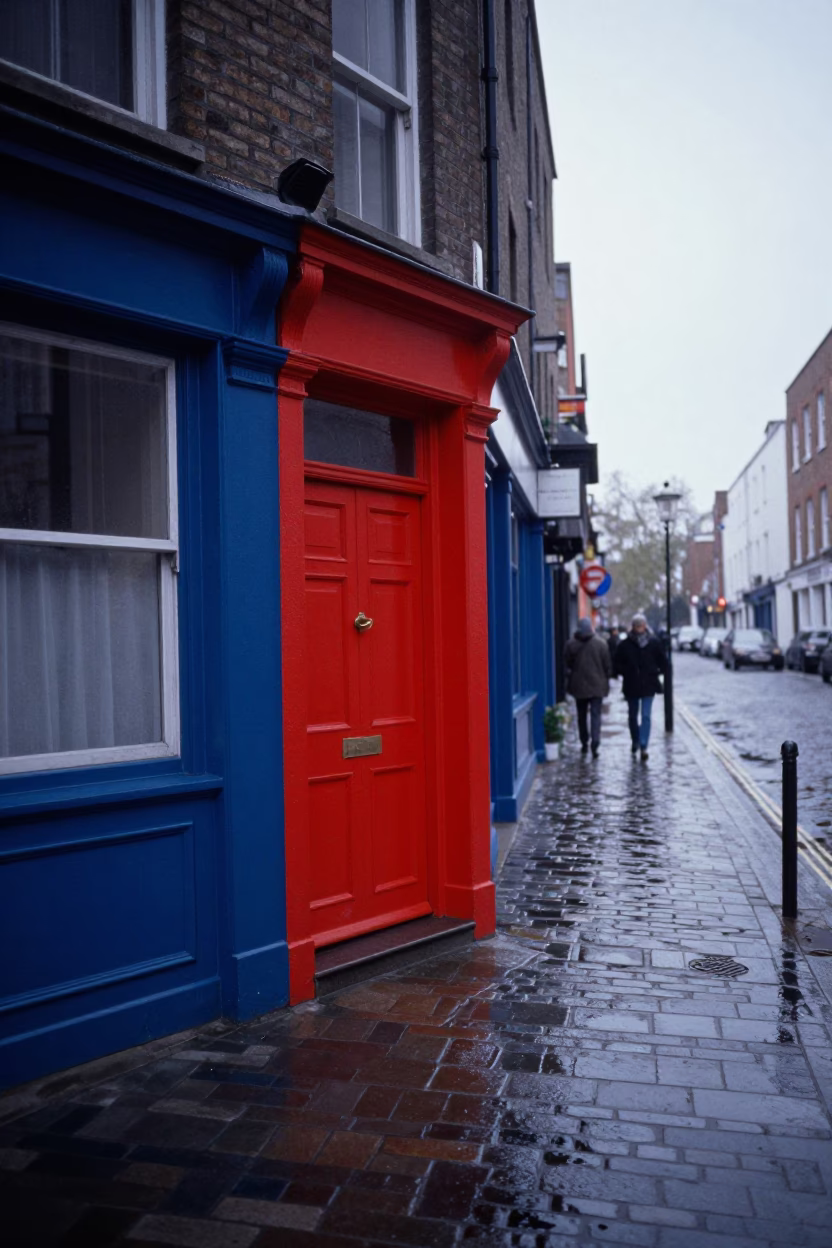 Dublin Morning Street Scene With Colorful Doorway And Wet Cobblestones in in Dublin, Ireland